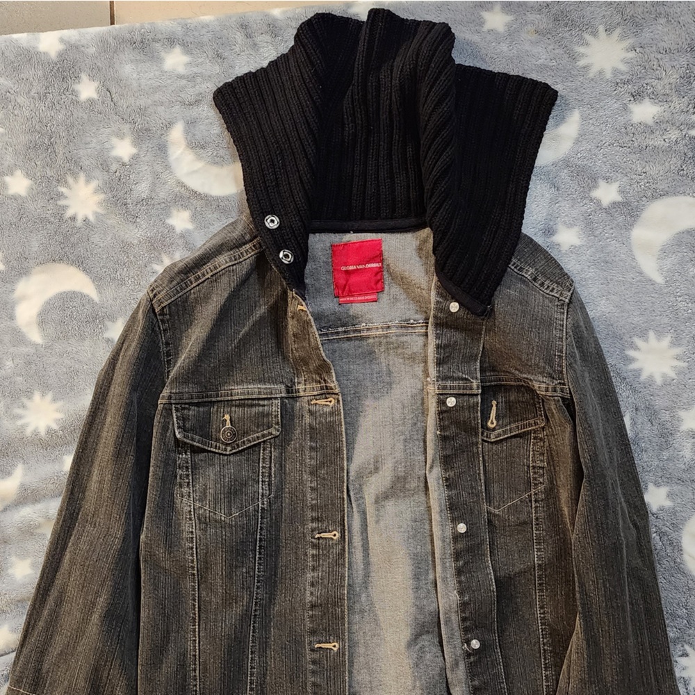 Gloria Vanderbilt Black Knit Cowl Denim Jacket Size M